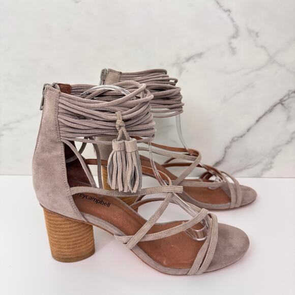 Jeffrey Campbell Womens Despina Sandals Size 8.5 Suede Strappy Fringe Boho Taupe - Picture 2 of 11